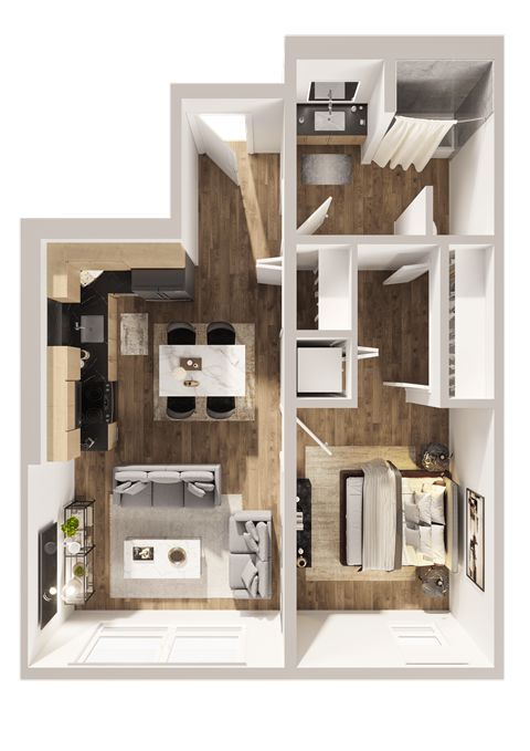 Floor plan for 1 bed, 1 bath, 711 sqft